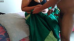 Telugu aunty in green saree with Huge Boobs on bed and fucks neighbor while watching porn on mobile – Huge cumshot