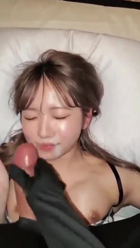 Cute korean girl taking cum facial