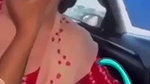 wife boobs press in car