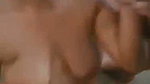 Chubby whore taking cumshot from two guys