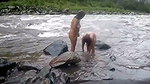 Two bhabhi talking bath in open area