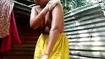 Village beautiful girl bathing outdoor  showing