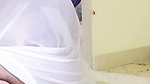 Sexy lady showing her huge boobs in transparent white saree