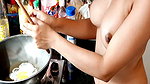 topless model cooking