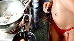 topless model cooking