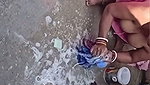 Mature aunty showing  washing cloth