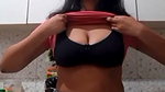 Girlfriend show bobbs in kitchen room