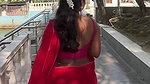 hot slim desi girl sexy navel chain in red saree 22