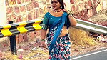 hot aunty fleshhy open deep navel in blue saree on road 22