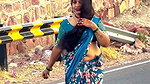 hot aunty fleshhy open deep navel in blue saree on road 22