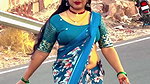 hot aunty fleshhy open deep navel in blue saree on road 22