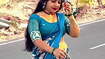 hot aunty fleshhy open deep navel in blue saree on road 22