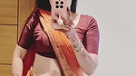 sexy mirror navel selfie lady in orange saree2