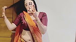 sexy mirror navel selfie lady in orange saree2