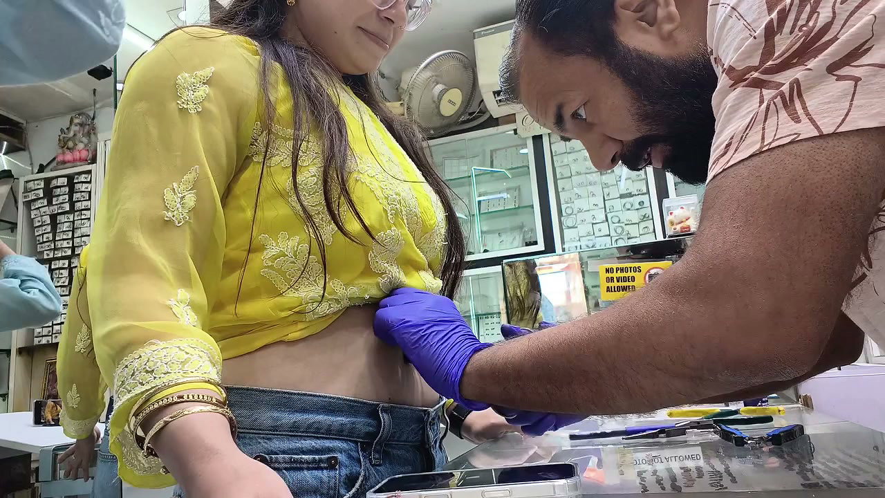 sexy nerd girl hot navel piercing in yellow top 2 2