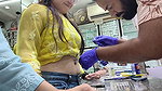 sexy nerd girl hot navel piercing in yellow top1