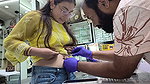 sexy nerd girl hot navel piercing in yellow top1
