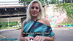 – Blonde MILF with natural tits and nice pussy flaps fucks outdoors in a public park