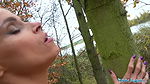 Tattooed busty German blonde MILF fucked hard against a tree
