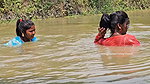 Amazing Mom and Daughter Fishing in Village pond
