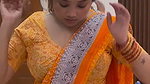 lady big deep navel in orange saree 22