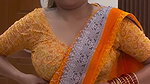 lady big deep navel in orange saree 22