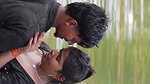 girl in wet blouse and skirt enjoyed in river