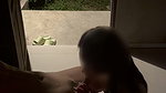 Outdoor with a beautiful girlfriend in front of the door of the room