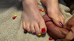 BBW Footjob with Rainbow Toes Fishnet and Heels with Cumshot