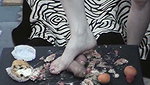 Girl crushes fruits with guy s dick