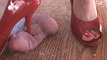 Girl mercilessly tramples guy s genitals with red shoes