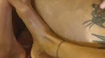 Girl presses balls while guy jerks off