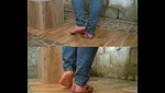 Girl walks barefoot on guy s bare balls
