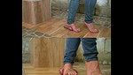 Girl walks barefoot on guy s bare balls