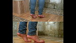 Girl walks barefoot on guy s bare balls