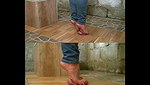 Girl walks barefoot on guy s bare balls