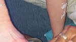 Sexy blonde gives ballbusting handjob bare feet