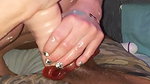 Sexy blonde gives ballbusting handjob bare feet