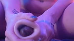 Sexy blonde gives ballbusting handjob bare feet
