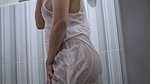Fucking my wife while taking a shower wearing a transparent satin dress until it cum in her pussy