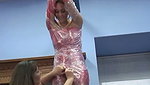 Amateur lesbians play with cellophane and dildos in the living room