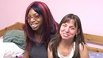 Lesbian midget eats dark meat pussy with big tits on couch