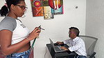 Little Midget Gives His Brunette and Big Secretary a Hard and Rich Fuck in Exchange for a Raise, She Ends up Cumming in Her Tigh