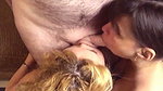 Mature whores giving double blowjob to a nerdy man