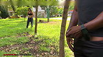 Beautiful fitness girl morbids her trainer in the park with huge thick cock