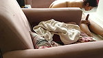 blinfolded roomie gets sucked and fucked in the living room in front of my cuckold