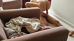 blinfolded roomie gets sucked and fucked in the living room in front of my cuckold