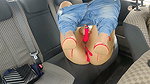 Busy worker in red heels and jeans masturbates her pussy and ass in a car uber