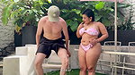 Curvy Girl Slut Is Unfaithful to Her Boyfriend with a Stranger with a Big Cock in the Courtyard of a Resort