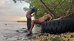 Hot pregnant woman enjoys an intense on the beach